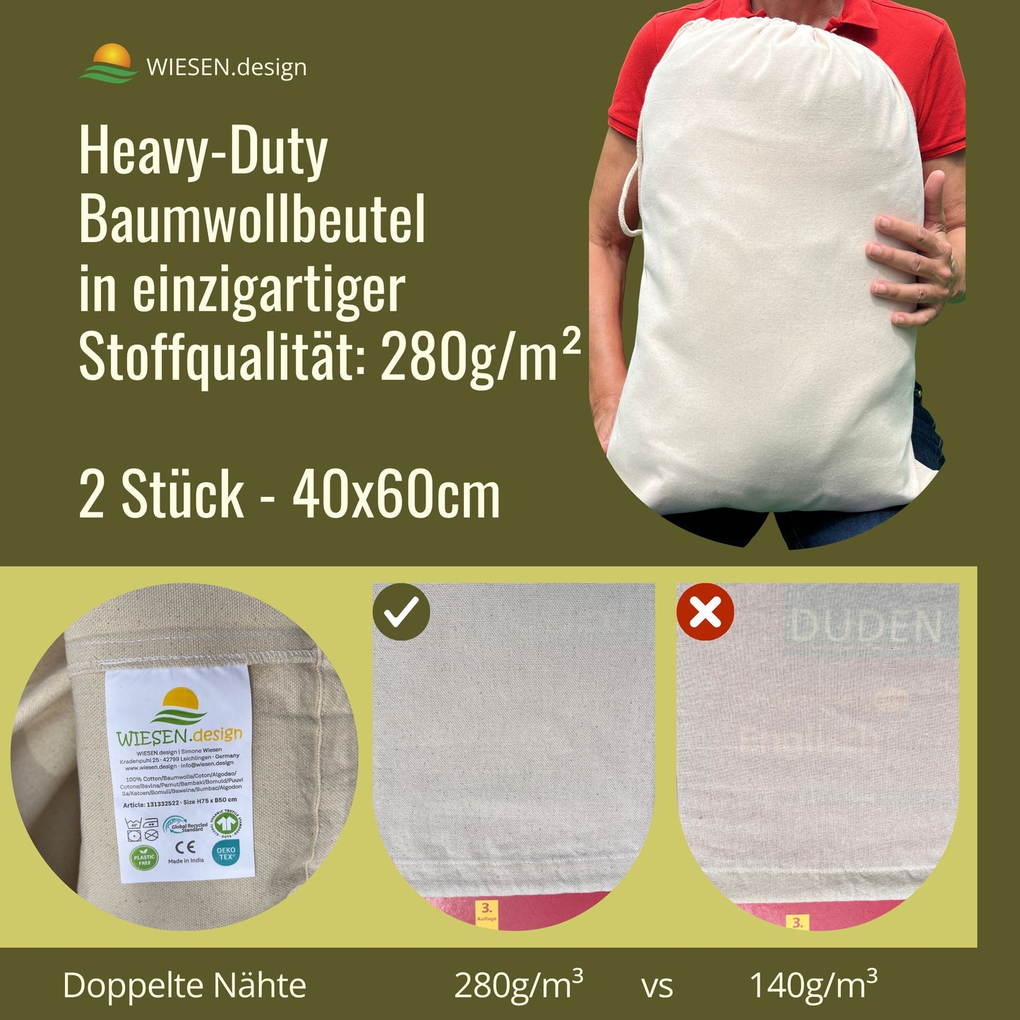 Borsa di cotone - cotone resistente da 280 g/m² certificato OEKO-TEX®, 40x60 cm - 2 pz. Sacchetto regalo in tessuto, borsa con coulisse, sacchetto per imballaggio