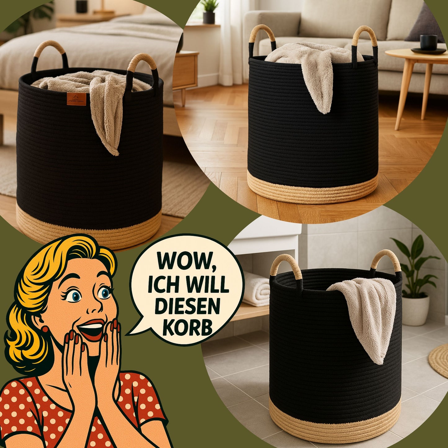 Wäschekorb JUNA Ø46xH48 cm Schwarz/80L aus 100% Baumwolle - Handgemacht und Pflegeleicht