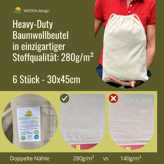 Shoe bags - 280 g/m² OEKO-TEX® certified heavy-duty cotton, 30x45 cm - 6 pc. shoe bags travel, cotton pouches for filling