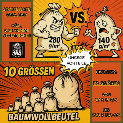 Wäschebeutel - 280 g/m² OEKO-TEX® zertifizierte Heavy-Duty Baumwolle, 50x75 cm - 3 St. Wäschesack Reise, Wäschesack Baumwolle, Wäschetasche