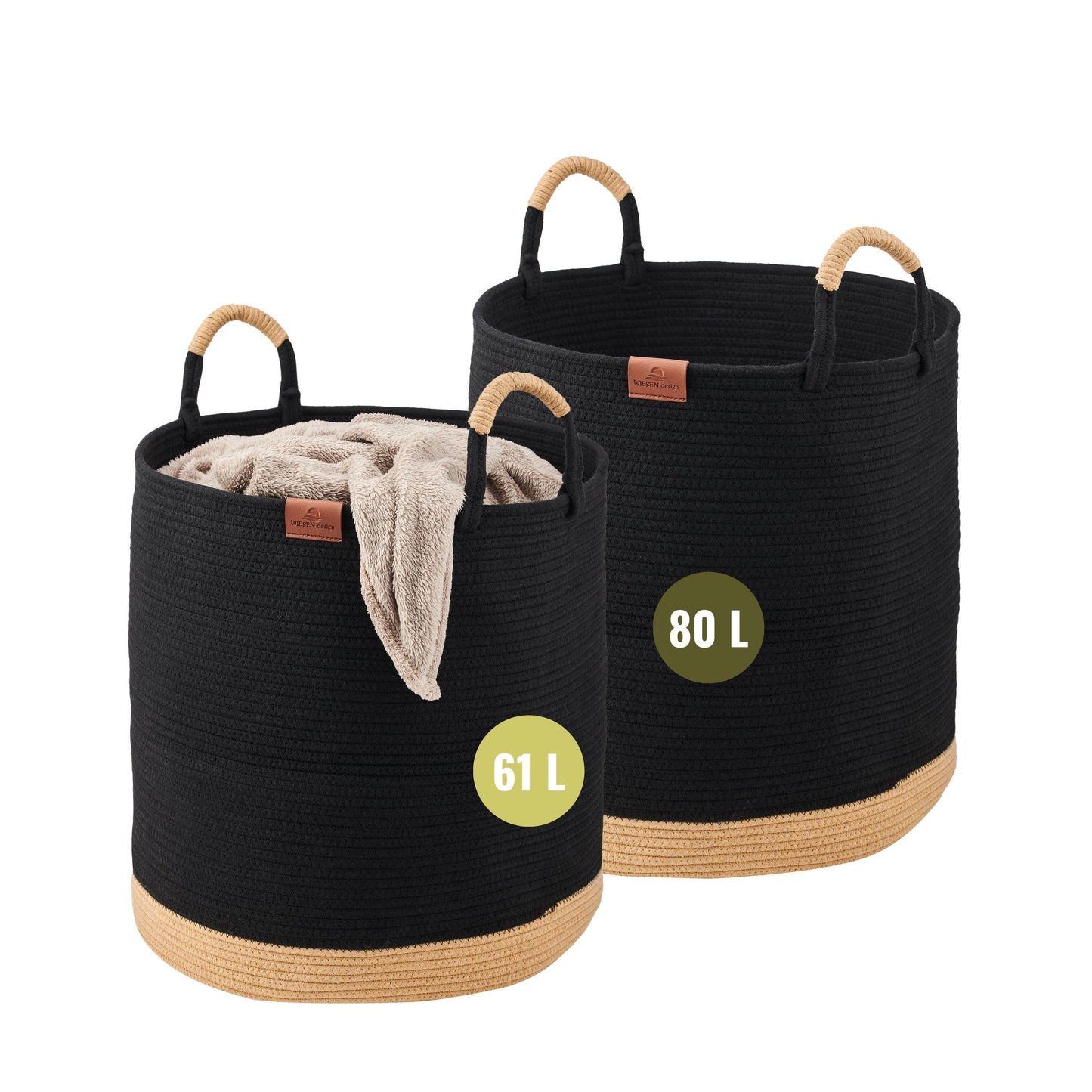 Wäschekorb JUNA Ø46xH48 cm Schwarz/80L aus 100% Baumwolle - Handgemacht und Pflegeleicht