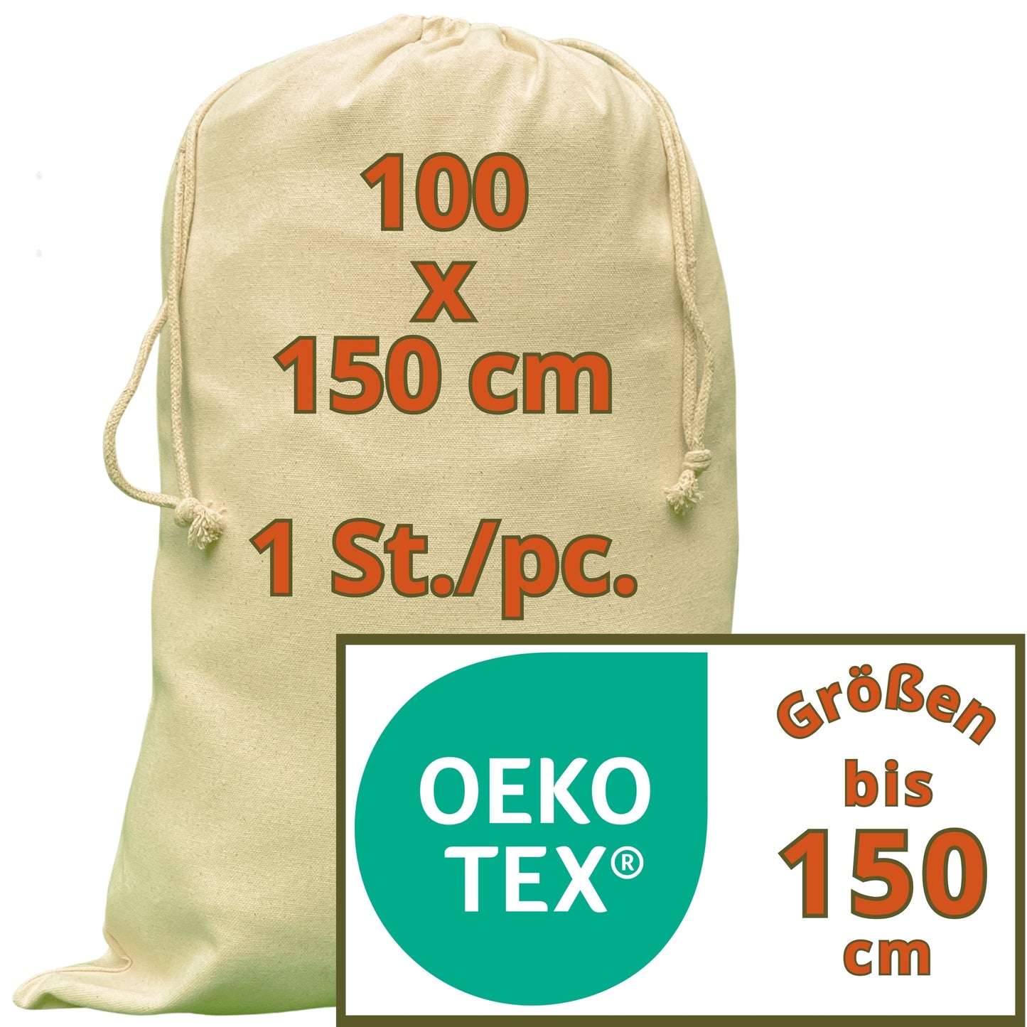 Sack XXS - XXXL - 280 g/m² OEKO-TEX® zertifizierte Heavy-Duty Baumwolle, 100x150 cm - 1 St. Kleidersäcke Aufbewahrung, Kleidersack Baumwolle