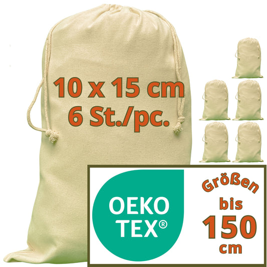 Baumwollsäckchen - 280 g/m² OEKO-TEX® zertifizierte Heavy-Duty Baumwolle, 10x15 cm - 6 St. Säckchen, Säckchen zum befüllen, Stoffbeutel klein