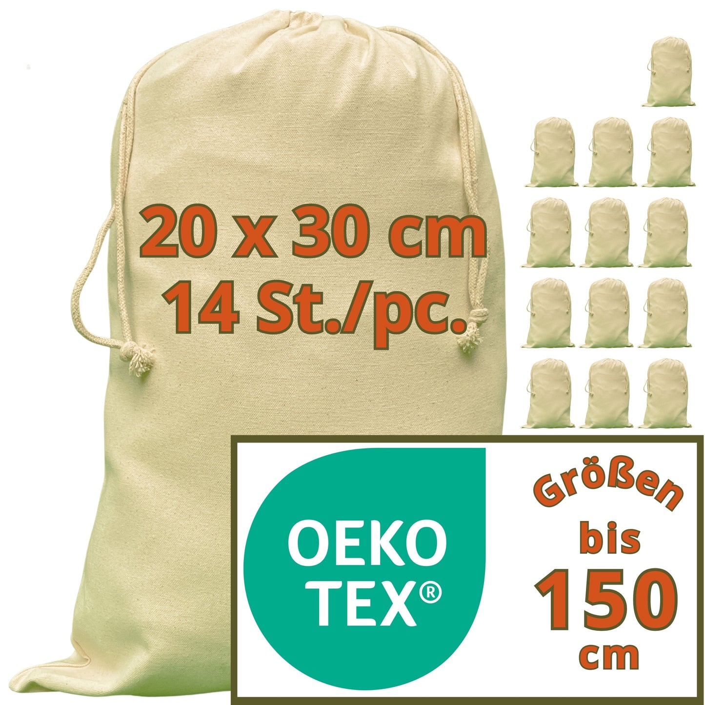 Beutel - 280 g/m² OEKO-TEX® zertifizierte Heavy-Duty Baumwolle, 20x30 cm - 14 St. Stoffbeutel mit Kordelzug, Plotter Rohlige, Geschenksäckchen