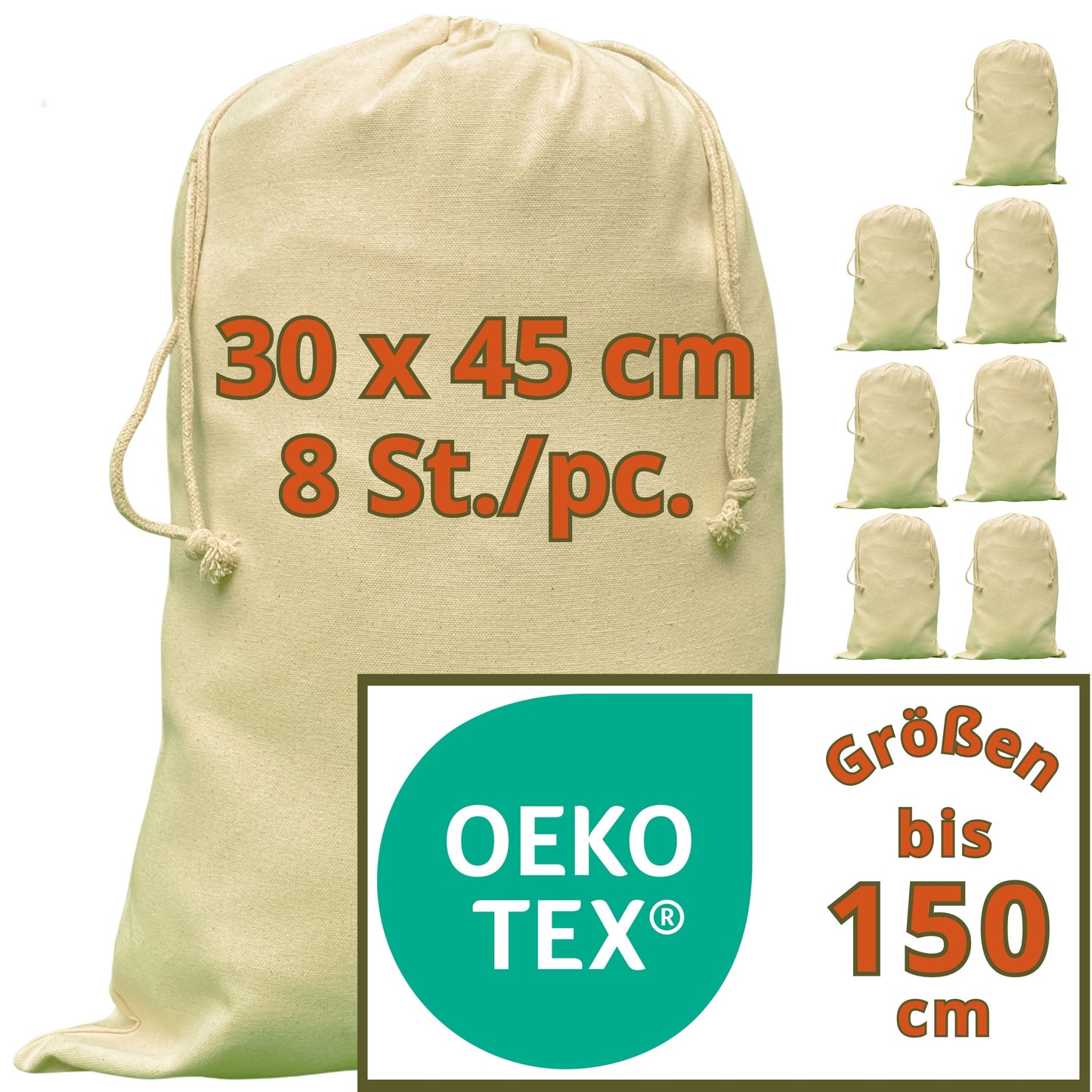 Schuhbeutel - 280 g/m² OEKO-TEX® zertifizierte Heavy-Duty Baumwolle, 30x45 cm - 8 St. Schuhbeutel Reise, Baumwollsäckchen zum befüllen