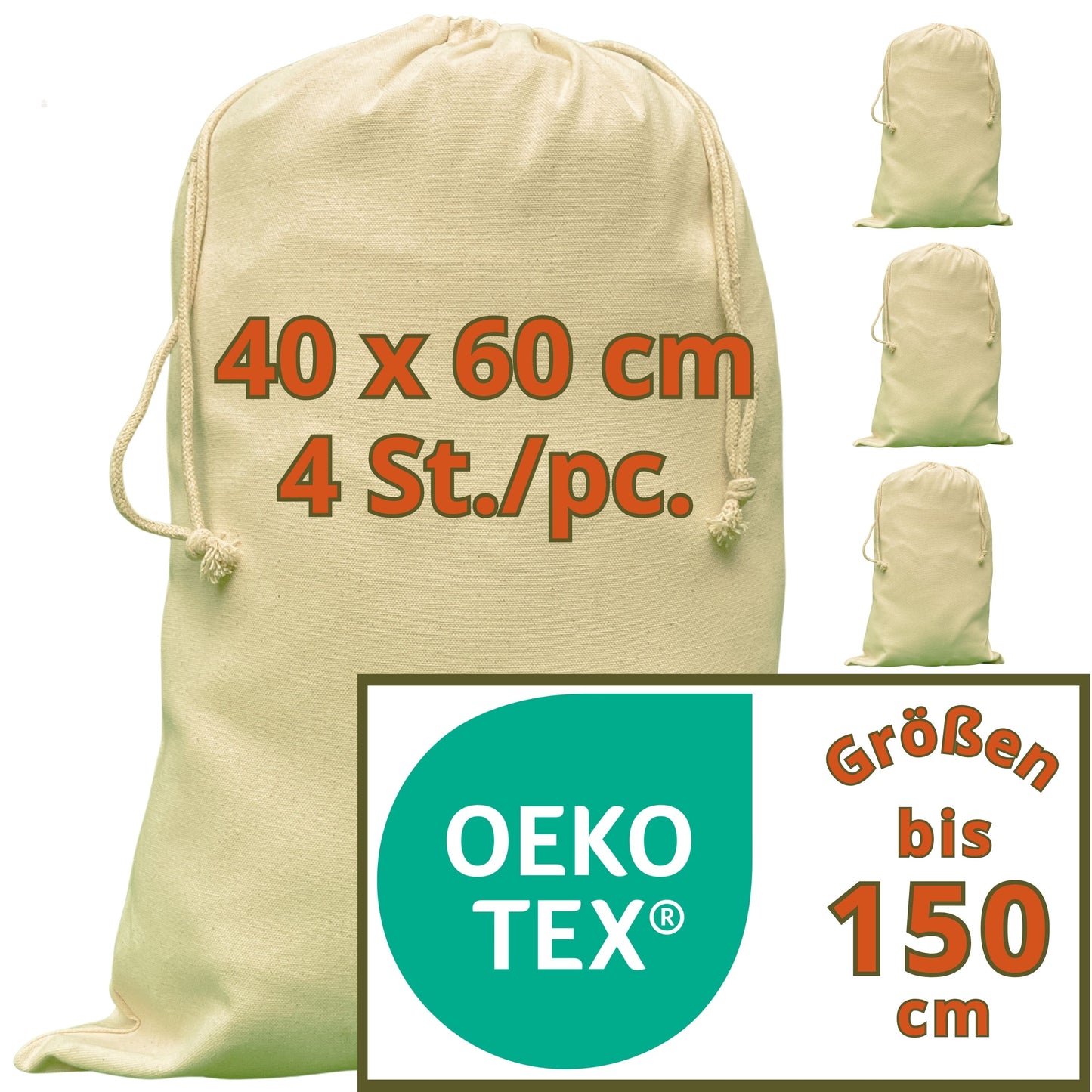 Spielzeugsack - 280 g/m² OEKO-TEX® zertifizierte Heavy-Duty Baumwolle, 40x60 cm - 4 St. Geschenktaschen mit Kordelzug, Shoe bag, Reisebeutel