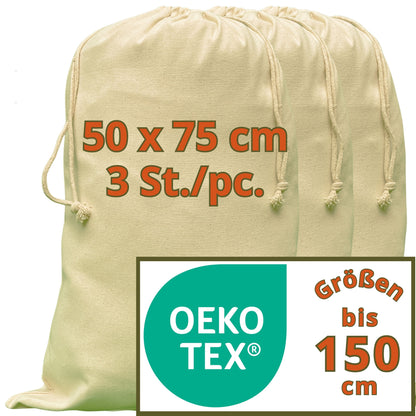 Wäschebeutel - 280 g/m² OEKO-TEX® zertifizierte Heavy-Duty Baumwolle, 50x75 cm - 3 St. Wäschesack Reise, Wäschesack Baumwolle, Wäschetasche