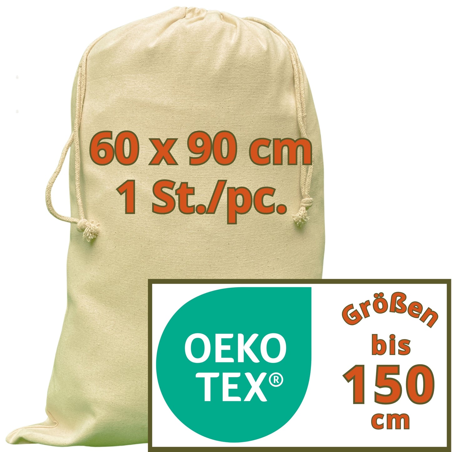 Laundry bag - 280 g/m² OEKO-TEX® zertifizierte Heavy-Duty Baumwolle, 60x90 cm - 1 St. Wäschesack groß, Baumwollbeutel mit Kordelzug