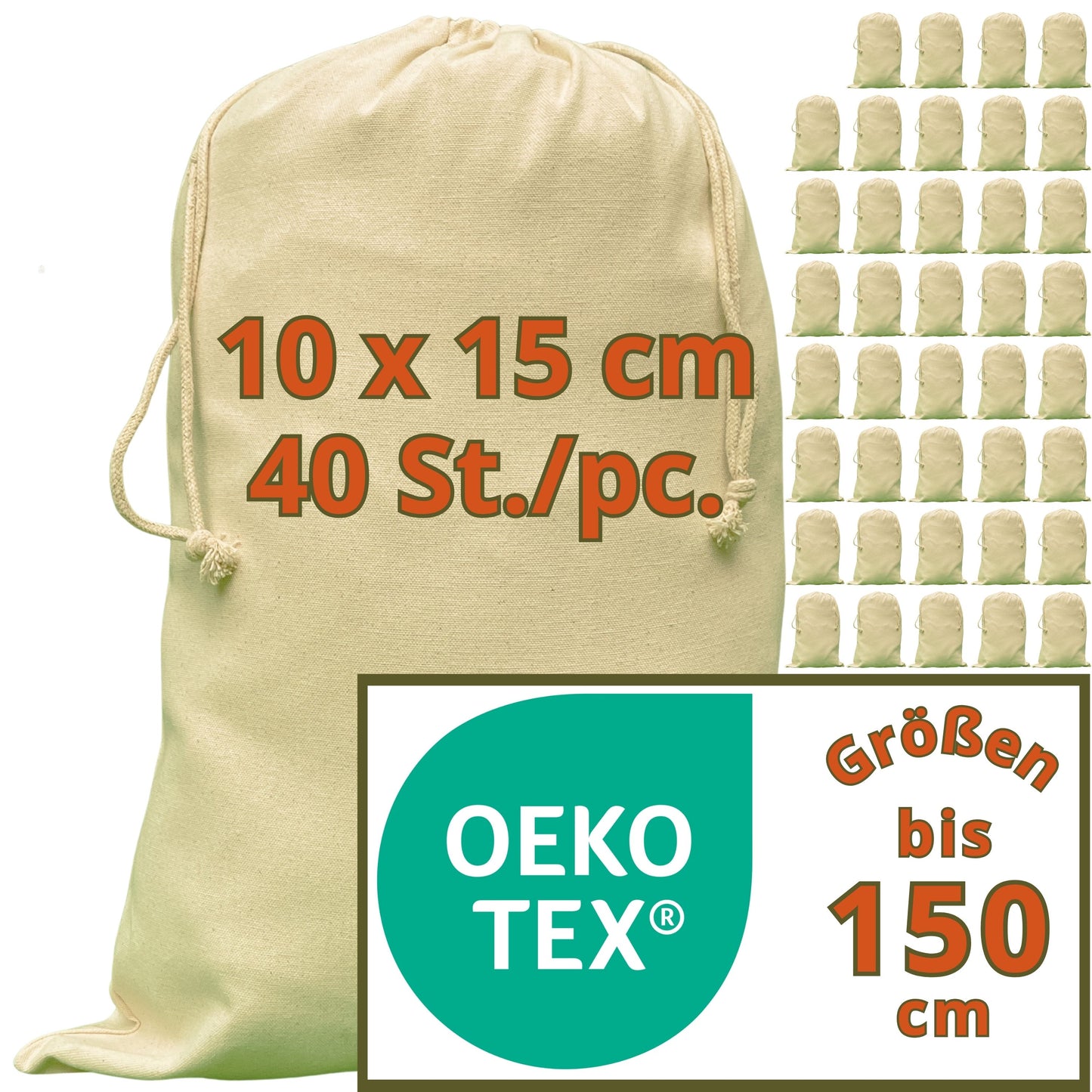 Stoffsäckchen - 280 g/m² OEKO-TEX® zertifizierte Heavy-Duty Baumwolle, 10x15 cm - 40 St. Kleine Säckchen, Beutel zum Bemalen, kleine Stoffbeutel
