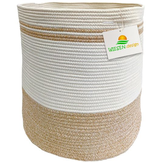 Wäschekorb BEN Ø41xH46 cm Hellbraun/Weiß/61L aus 100% Baumwolle - Handgemacht und Pflegeleicht