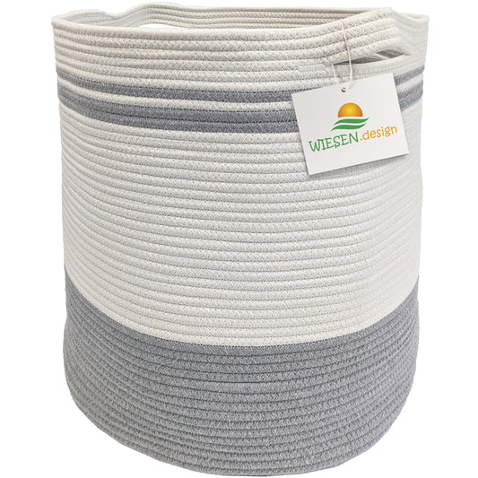 Wäschekorb BEN Ø41xH46 cm Grau/Weiß/61L aus 100% Baumwolle - Handgemacht und Pflegeleicht
