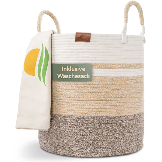 Wäschekorb EMILIA Ø46xH48 cm Braun/Weiß/80L aus 100% Baumwolle - Handgemacht und Pflegeleicht
