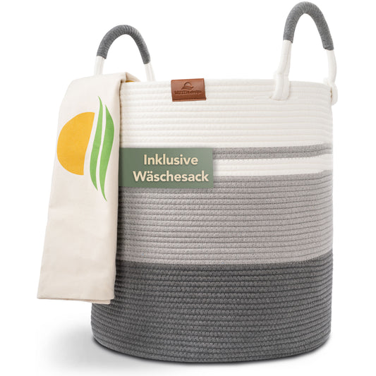 Wäschekorb EMILIA Ø46xH48 cm Grau/Weiß/80L aus 100% Baumwolle - Handgemacht und Pflegeleicht