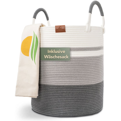 Wäschekorb EMILIA Ø41xH46 cm Grau/Weiß/61L aus 100% Baumwolle - Handgemacht und Pflegeleicht