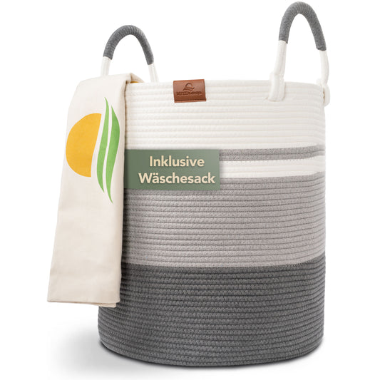 Wäschekorb EMILIA Ø41xH46 cm Grau/Weiß/61L aus 100% Baumwolle - Handgemacht und Pflegeleicht
