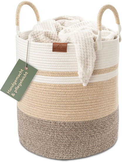 Wäschekorb EMILIA Ø41xH46 cm Braun/Weiß/61L aus 100% Baumwolle - Handgemacht und Pflegeleicht