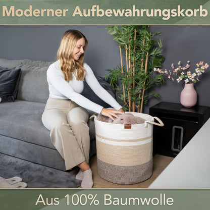 Wäschekorb EMILIA Ø46xH48 cm Braun/Weiß/80L aus 100% Baumwolle - Handgemacht und Pflegeleicht