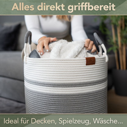 Wäschekorb EMILIA Ø41xH46 cm Grau/Weiß/61L aus 100% Baumwolle - Handgemacht und Pflegeleicht