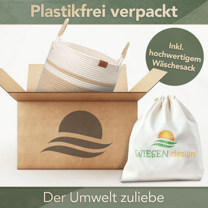 Wäschekorb EMILIA Ø41xH46 cm Braun/Weiß/61L aus 100% Baumwolle - Handgemacht und Pflegeleicht