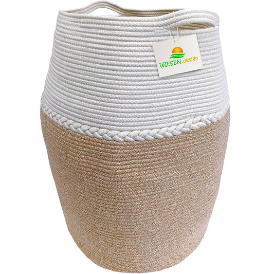 Wäschekorb JAMILA Ø39/49xH65 cm Hellbraun/Weiß/105L aus 100% Baumwolle - Handgemacht und Pflegeleicht