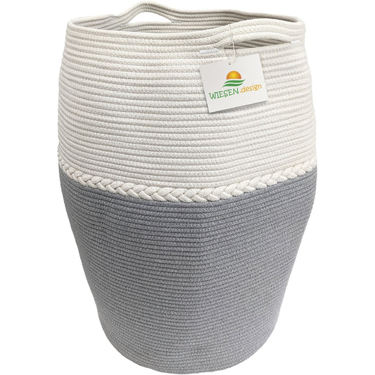 Wäschekorb JAMILA Ø39/49xH65 cm Grau/Weiß/105L aus 100% Baumwolle - Handgemacht und Pflegeleicht