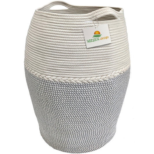 Wäschekorb JAMILA Ø39/49xH65 cm Hellgrau/Weiß/105L aus 100% Baumwolle - Handgemacht und Pflegeleicht